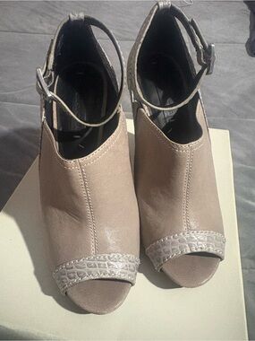 BCBGMaxAzria Taupe Peep-Toe Ankle Strap Heels